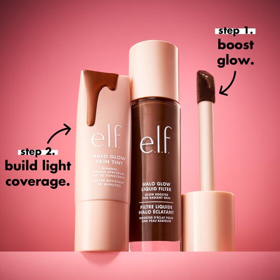 Step one and two for applying halo glow liquid filter and halo glow skin tint with spf