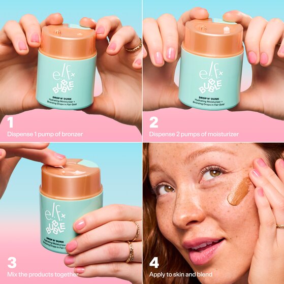 Model showing steps of how to apply bronzing drops