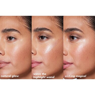Before and after makeup look after applying Halo Glow Highlighter Wand