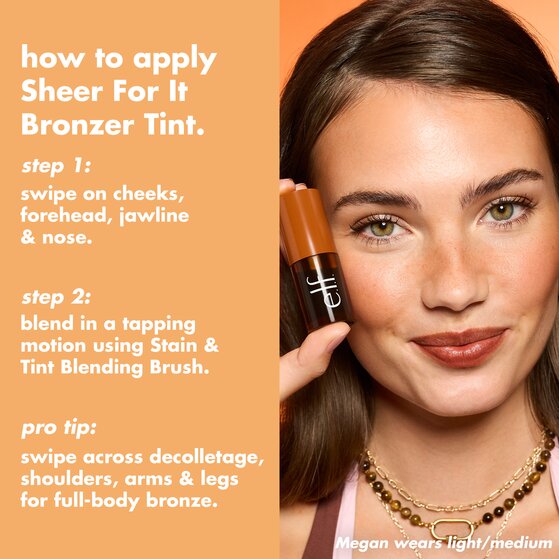 Model holding bronzer tint with copy on how to apply 