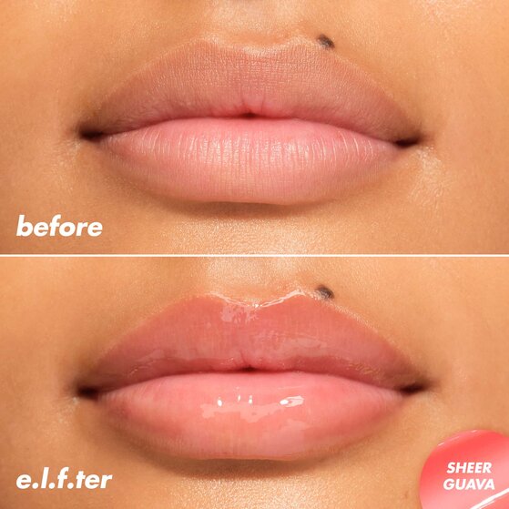 Before and after model using e.l.f. SKIN thirst burst lip peptide treatment in sheer guava