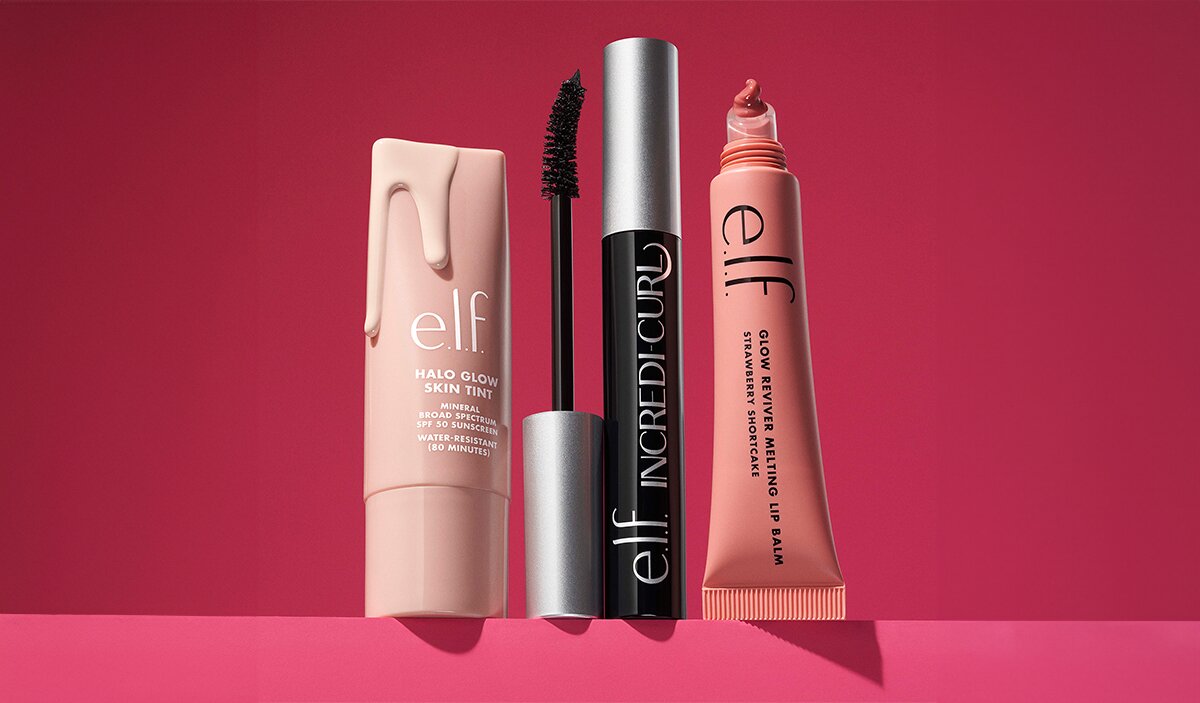 Group Shot of Halo Glow Skin Tint, Glow Reviver Melting Lip Balm and Incredi-Curl Mascara