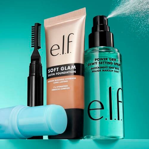 primer stick, laminating brow gel, satin foundation, and dewy setting spray