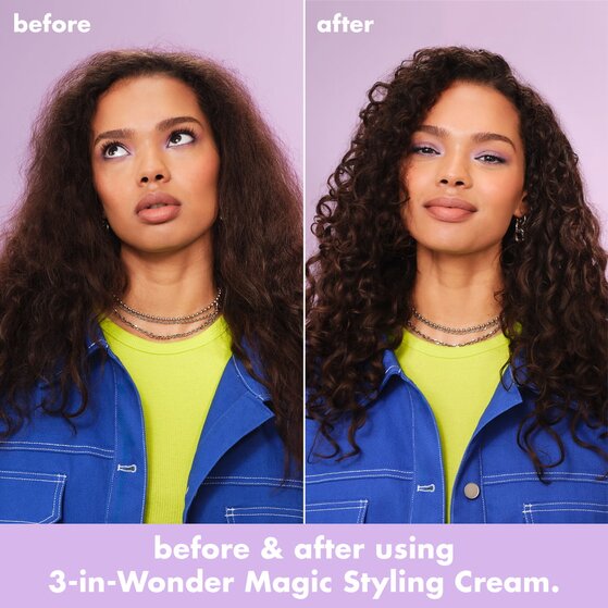 Model with curly hair before and after using hair styling cream