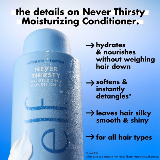 e.l.f. Never Thirsty Moisturizing Conditioner product details: hydrates, softens and detangles, leaves hair smooth and shiny, for all hair types