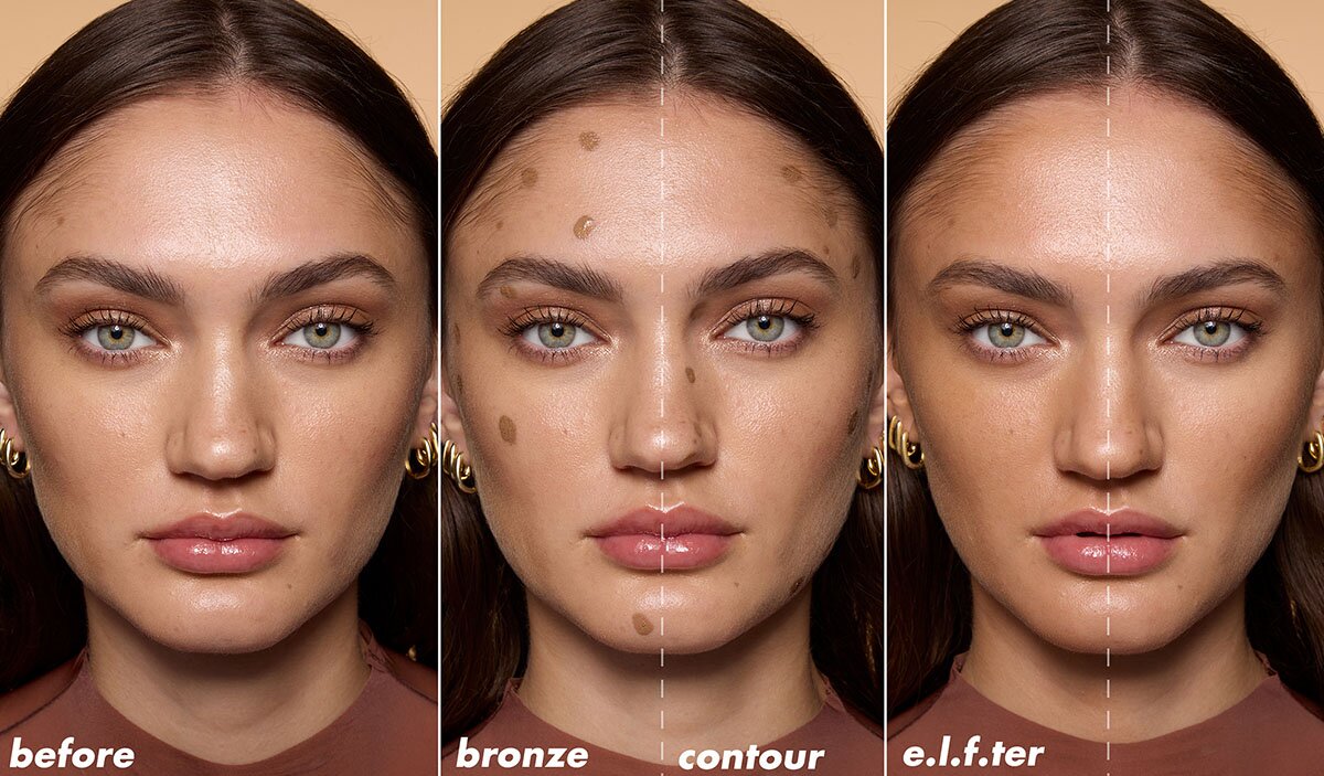 Model before and after applying bronzer and contour