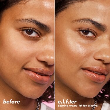 Model before and after applying halo glow skin tint spf 50