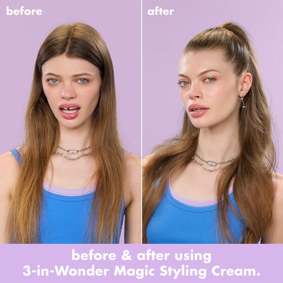 model with straight hair before and after using styling cream