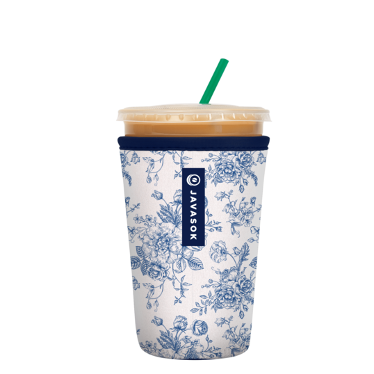 white javasok iced coffee sleeve with royal blue floral pattern