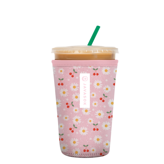light pink javasok iced coffee sleeve with white daisies and cherries