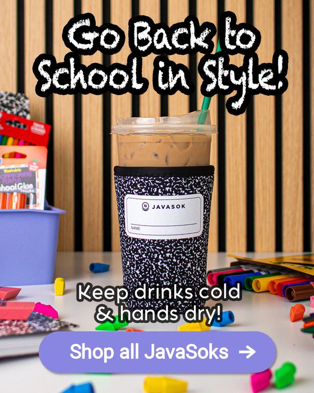 Go Back to School in Style! Keep drinks cold & hands dry! JavaSok iced coffee on a desk with office supplies.