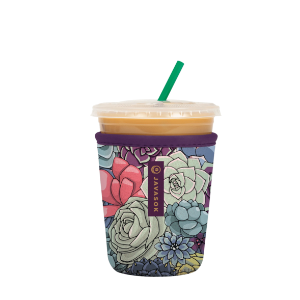 purple and green javasok iced coffee sleeve with succulent pattern