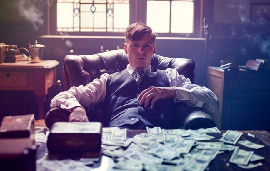 Man sitting in front of a table covered with money