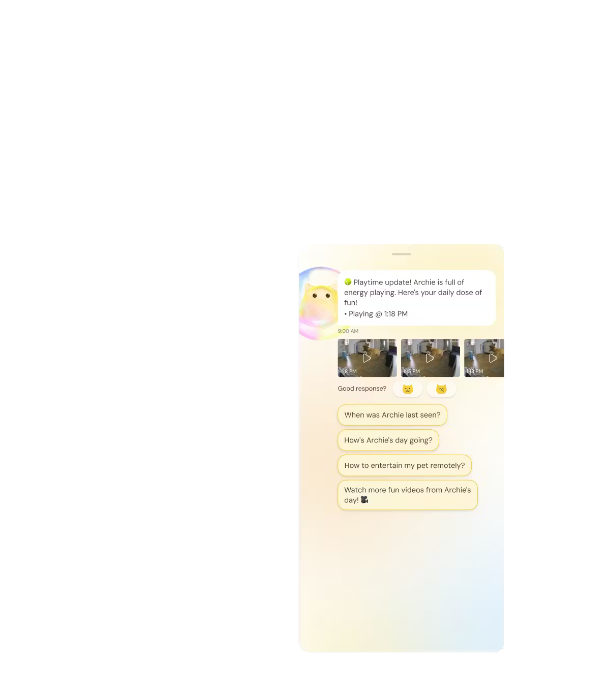 Furbo app showing live pet camera feed with dog and cat on couch. Nanny Chat provides playtime update with video clips
