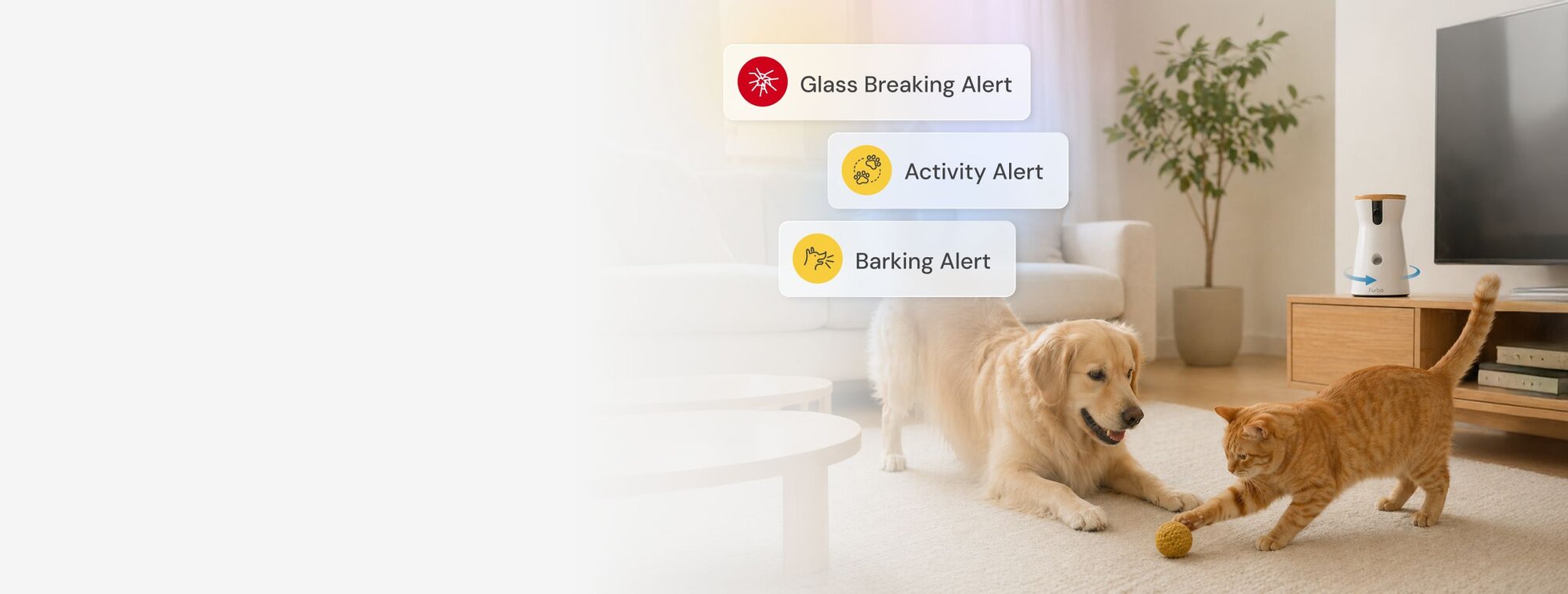 A golden retriever and a ginger cat playing with a ball in a living room, featuring floating notification icons for "Glass Breaking Alert," "Activity Alert," and "Barking Alert."