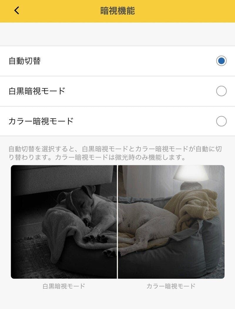 こちらは夕方や、薄暗い部屋でもカラーに見える機能みたいです。