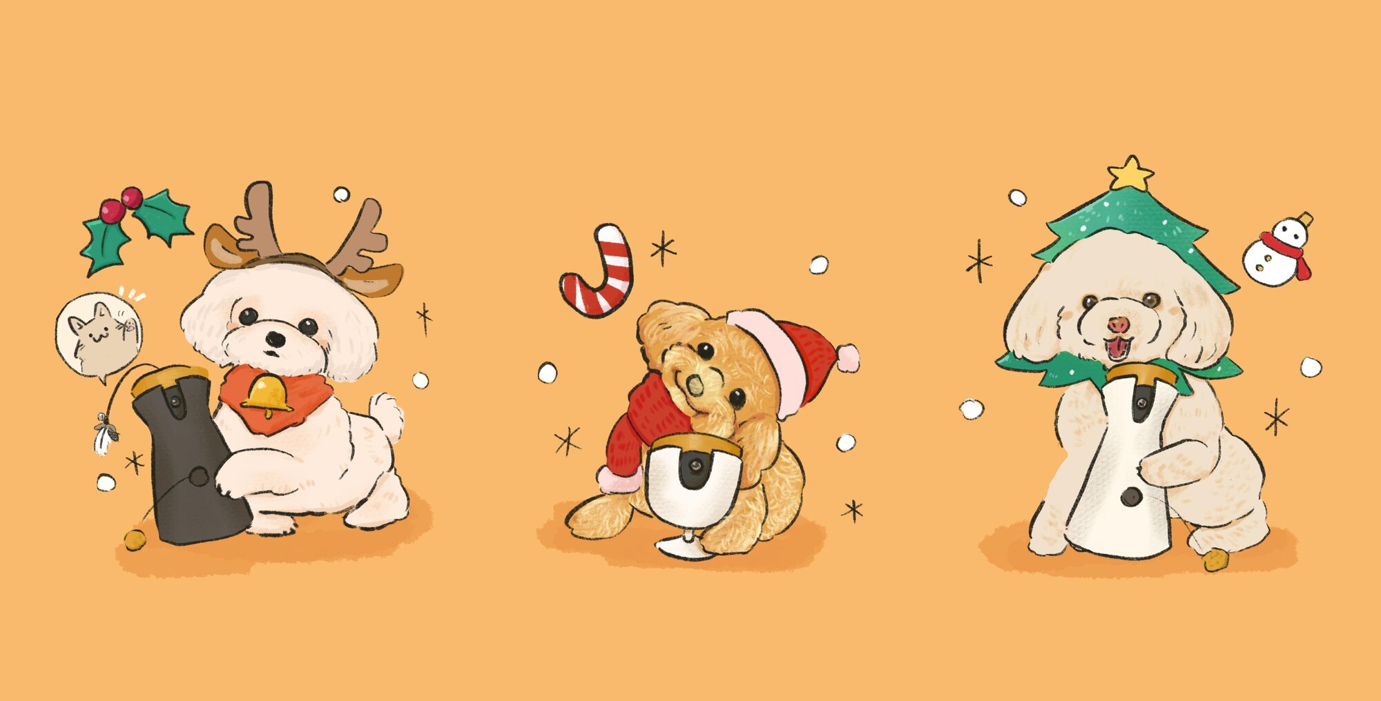 抽選特典：SNSで話題のイラストレーター mocaさんによる、愛犬・愛猫の似顔絵イラスト制作（イラストデータ贈呈）。当選後に、イラストの元となるお写真などの詳細をmocaさんに直接ご連絡いただきます。以下、イラストの参考イメージ。