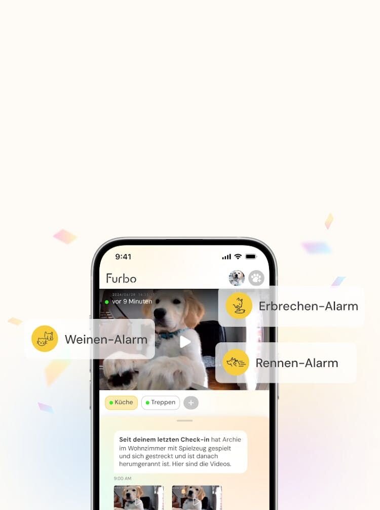 Die Benutzeroberfläche der Furbo Nanny-App zeigt in Echtzeit Tierwarnungen für Erbrechen, Weinen und Weglaufen an, mit einem Video eines Hundes
