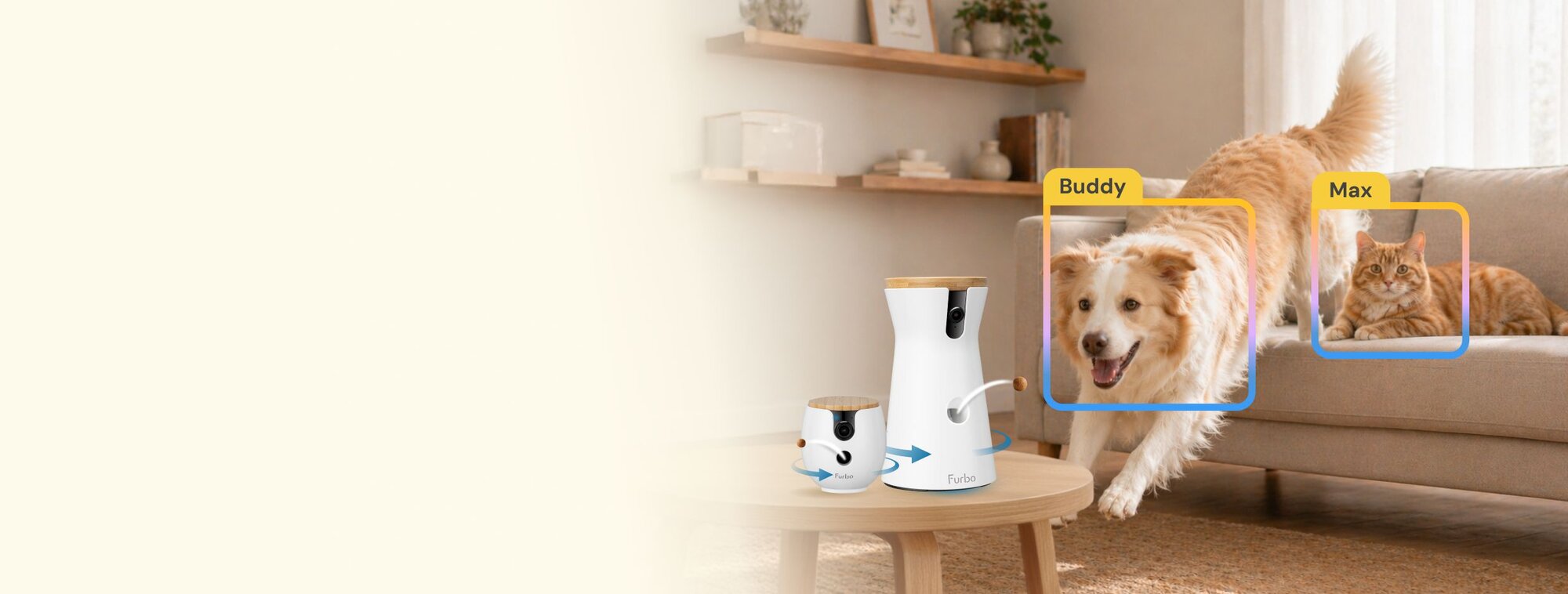 A living room scene featuring two Furbo pet cameras on a table, with digital tracking boxes identifying a jumping dog named Buddy and a cat named Max on a sofa.