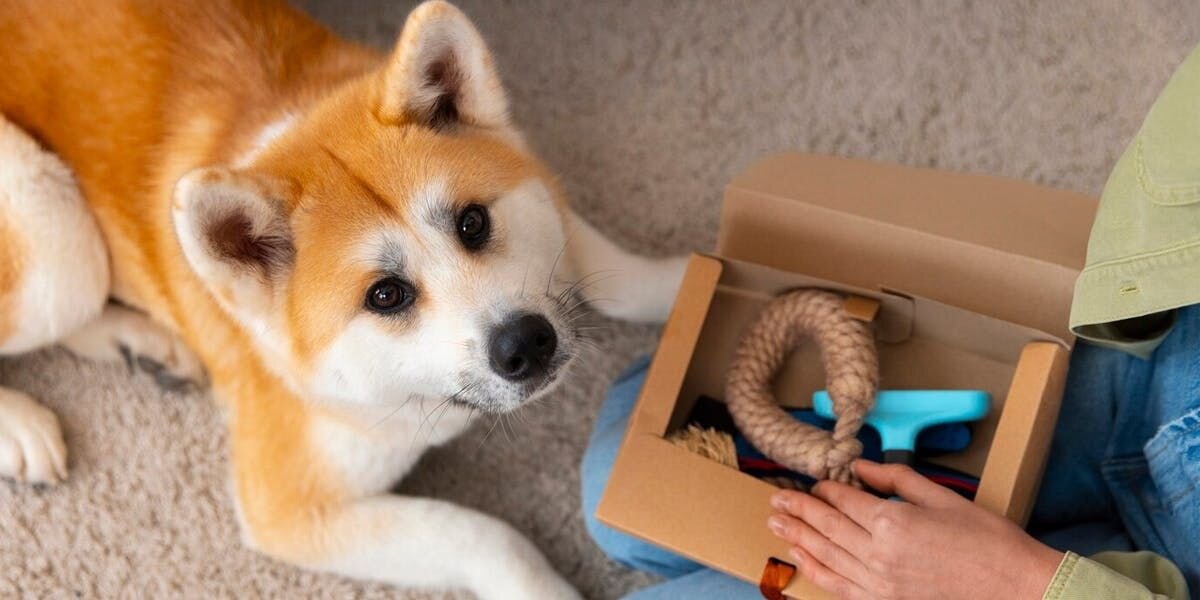 Shiba Inu lying down looking at a box