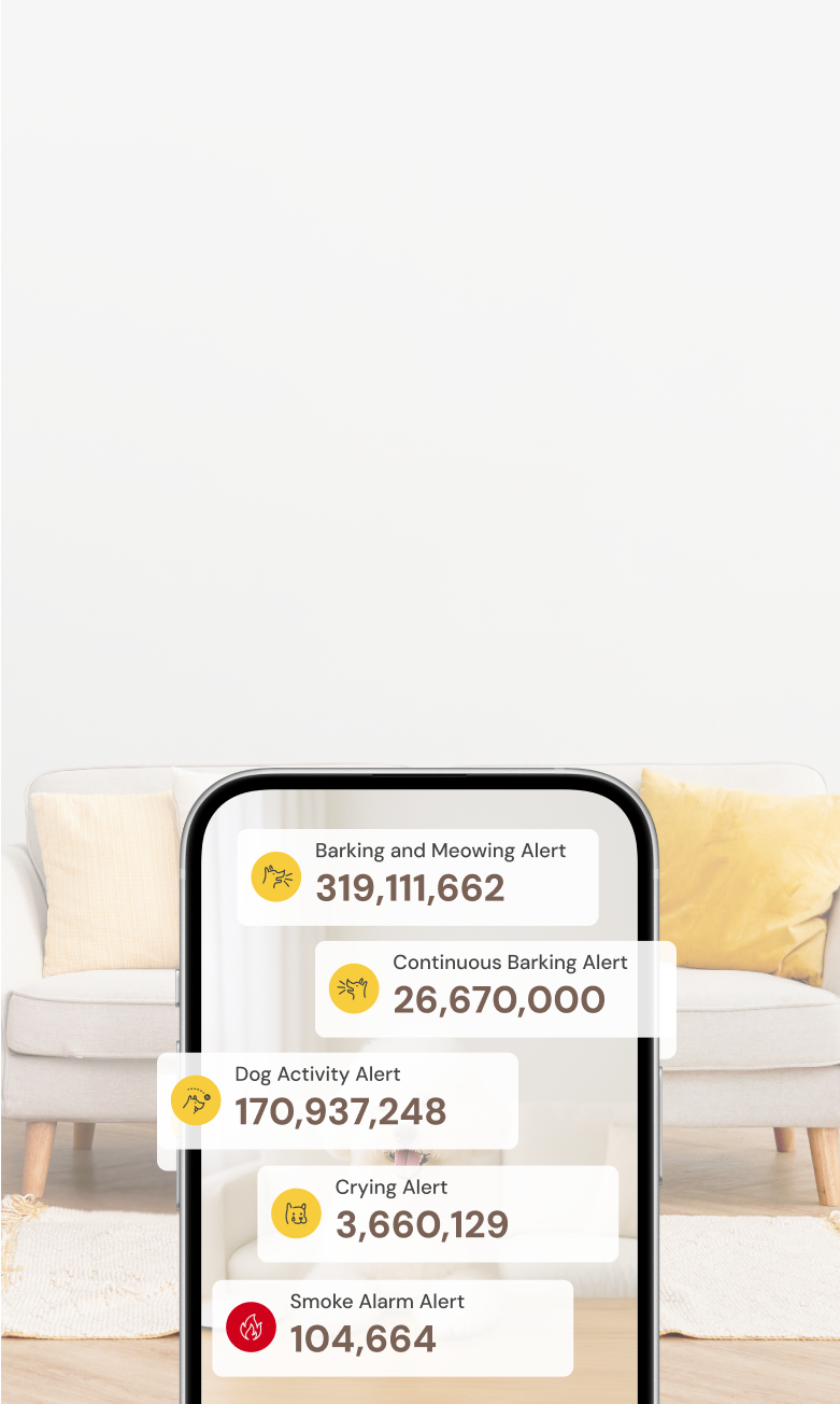 Phone screen showing Furbo alert statistics with millions of notifications sent
