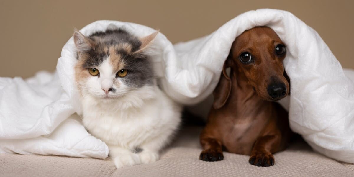 A photo of a cat and a dog eyeing each other warily under a blanket
