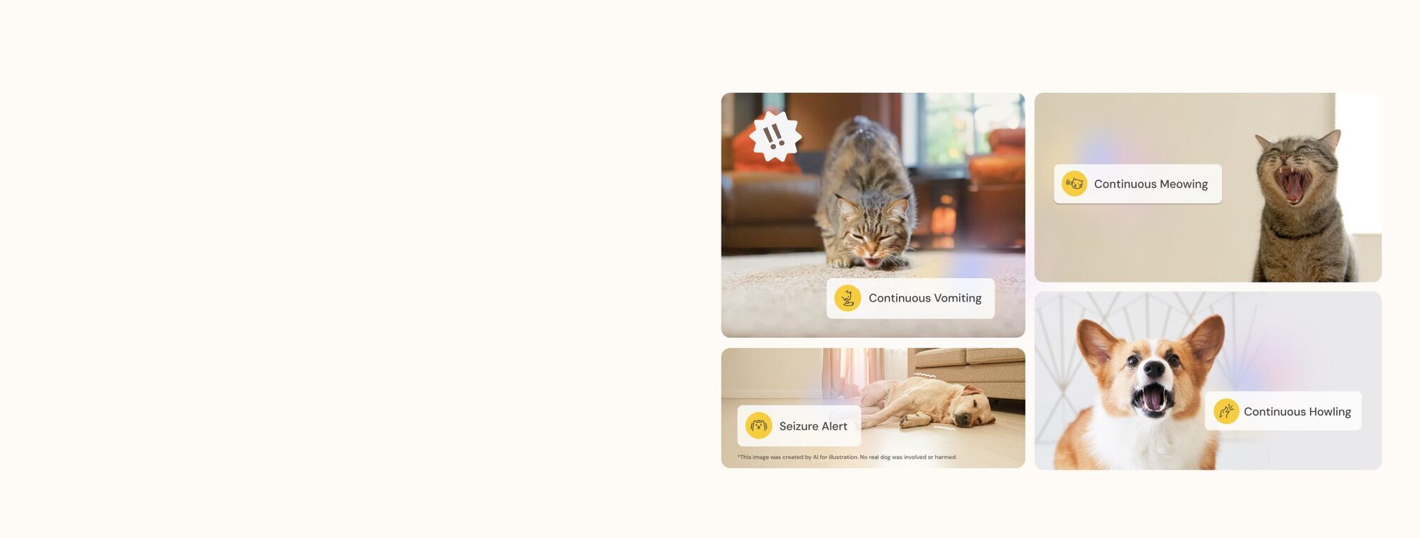 Pet alerts showing cat vomiting, meowing tabby, and howling corgi with continuous behavior notifications displayed