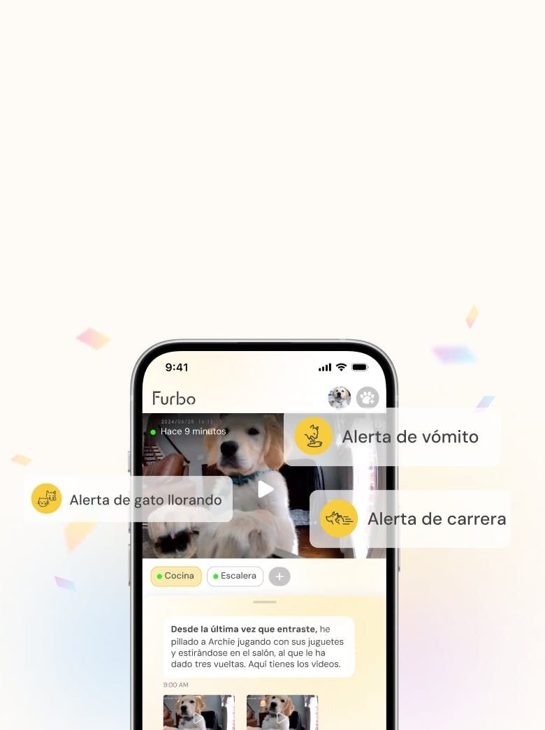 La interfaz de usuario de la aplicación Furbo Nanny muestra alertas en tiempo real de mascotas que vomitan, lloran o se escapan, con un vídeo de un perro