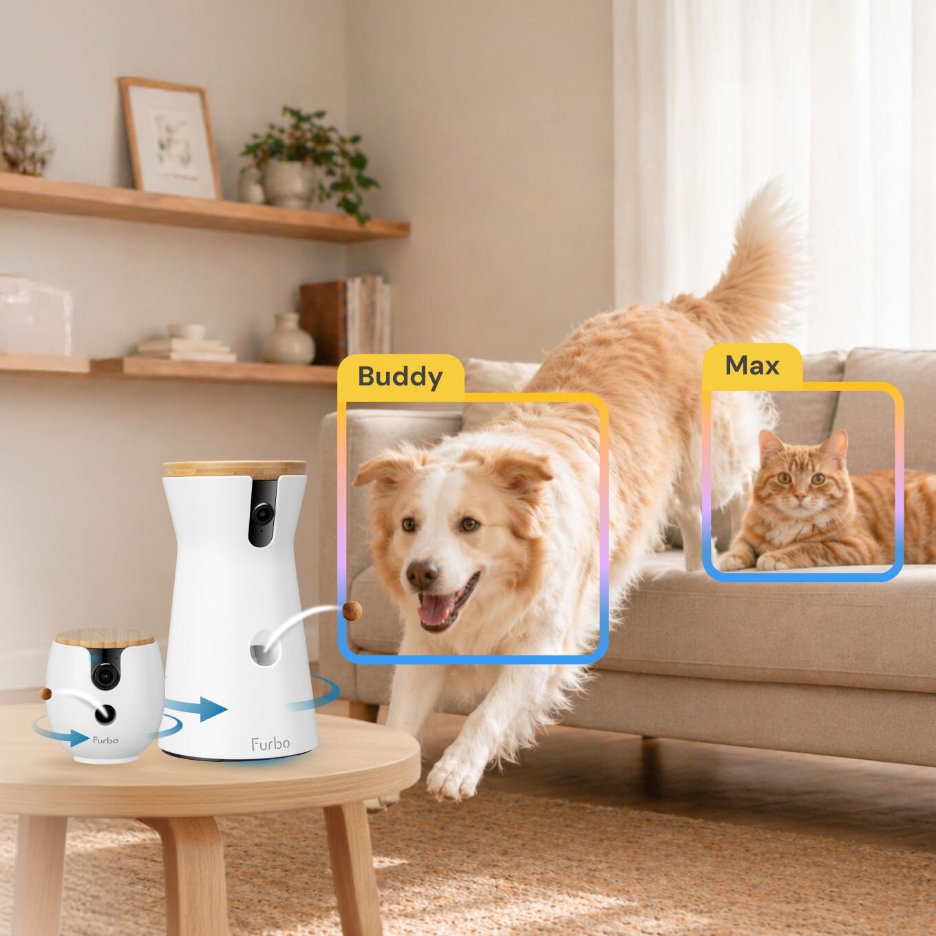 A living room scene featuring two Furbo pet cameras on a table, with digital tracking boxes identifying a jumping dog named Buddy and a cat named Max on a sofa.