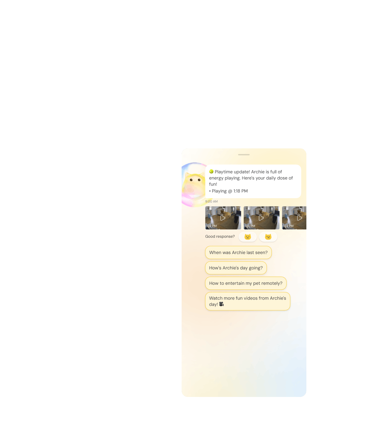 Furbo app showing live pet camera feed with dog and cat on couch. Nanny Chat provides playtime update with video clips