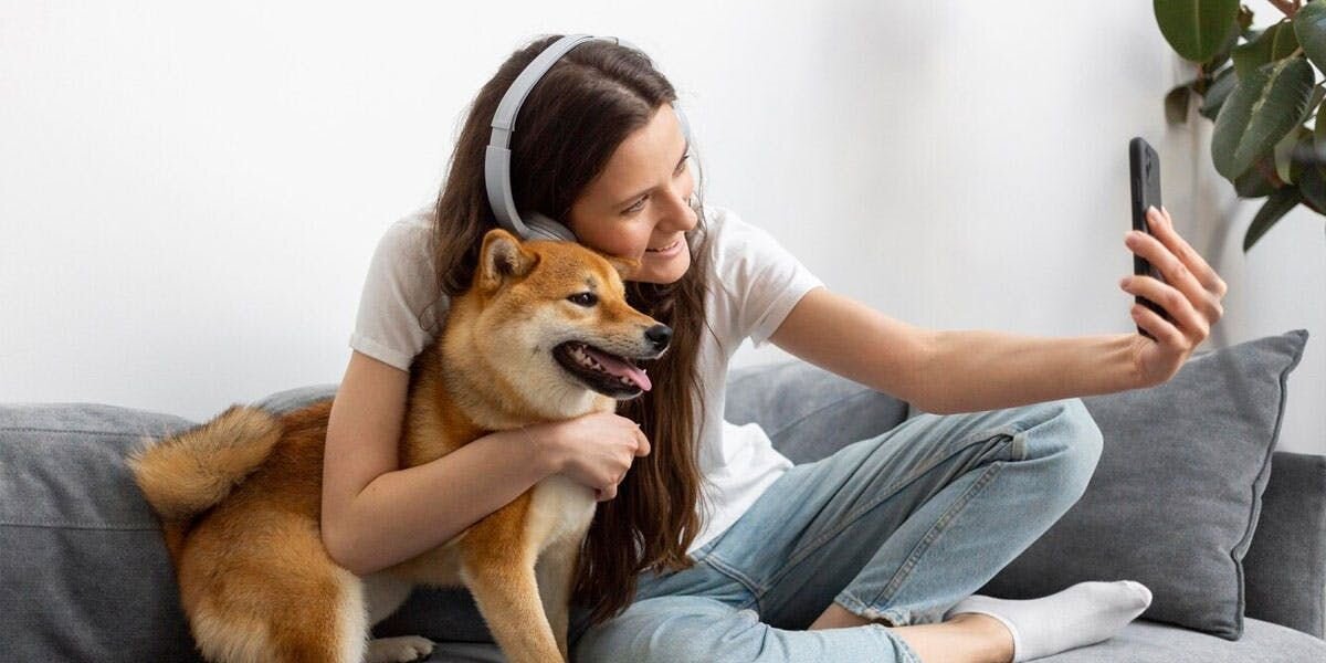 a photo of a woman and a Shiba Inu placing a video call together