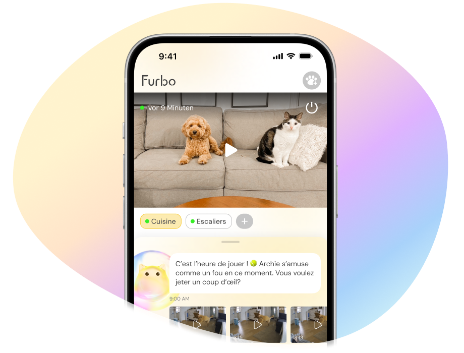 A phone shows live view, smart alerts, and Nanny Chat with video clips of the owner's pet throughout the day.