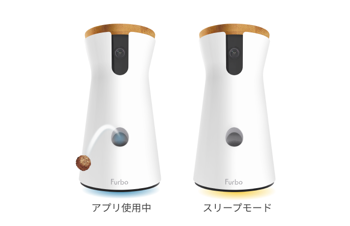 Two white Furbo cameras with wooden handles showing Interactive and Sleep modes