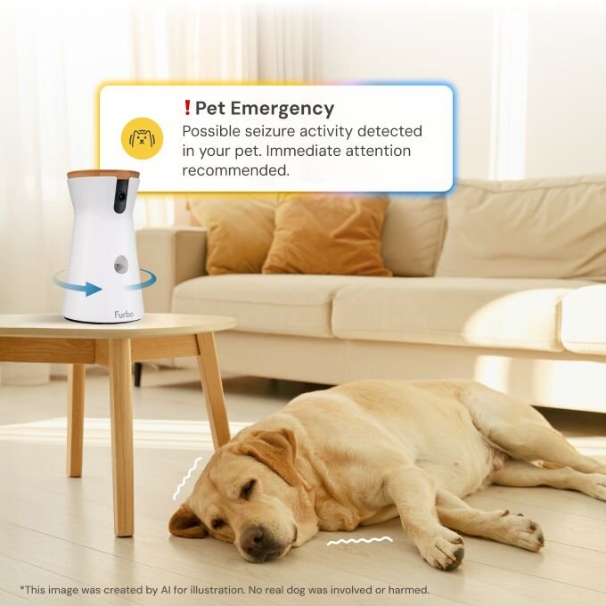 Furbo camera playing music to sleeping lab on couch with musical notes and heart emoji showing comfort feature