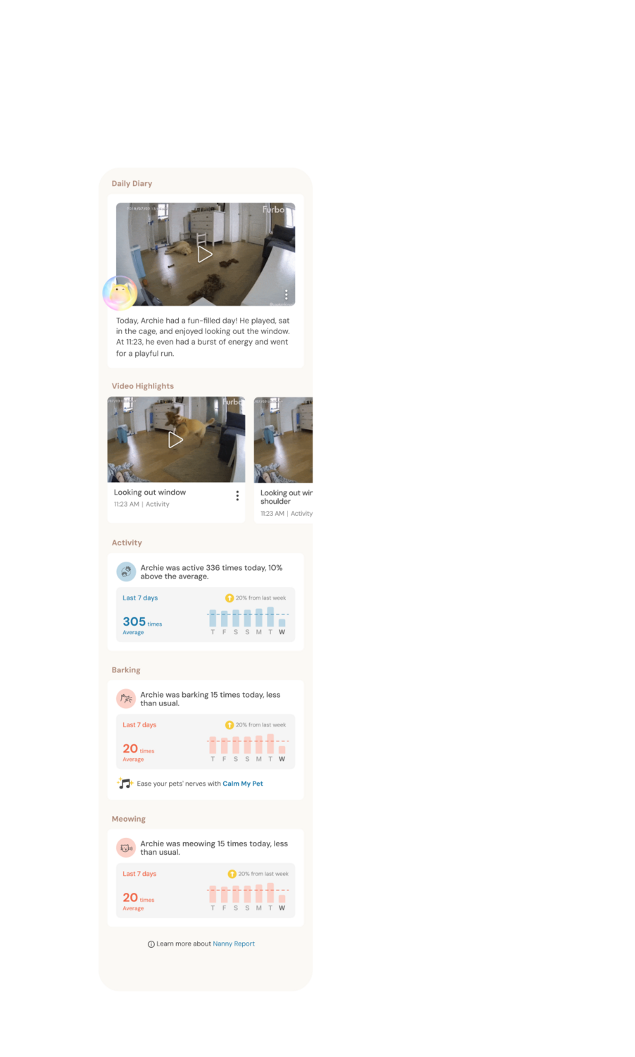 Nanny Report showing daily diary with calendar dated January 12, video highlights, and AI-generated summary of pet activities