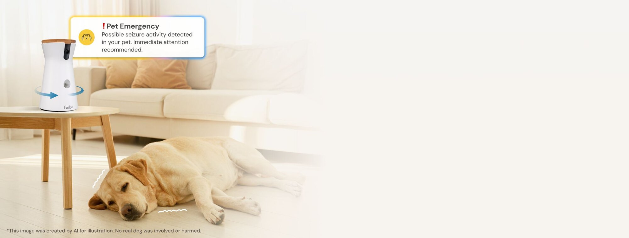 Furbo camera playing music to sleeping lab on couch with musical notes and heart emoji showing comfort feature