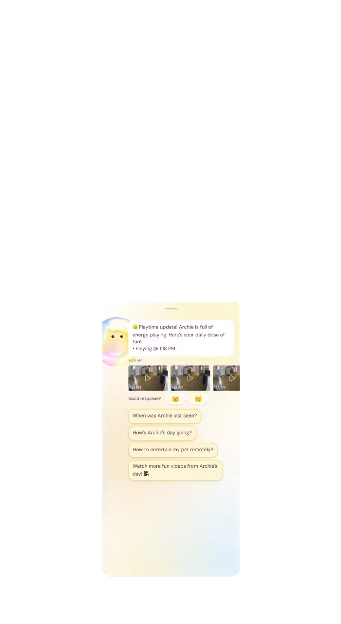 Furbo app showing live pet camera feed with dog and cat on couch. Nanny Chat provides playtime update with video clips