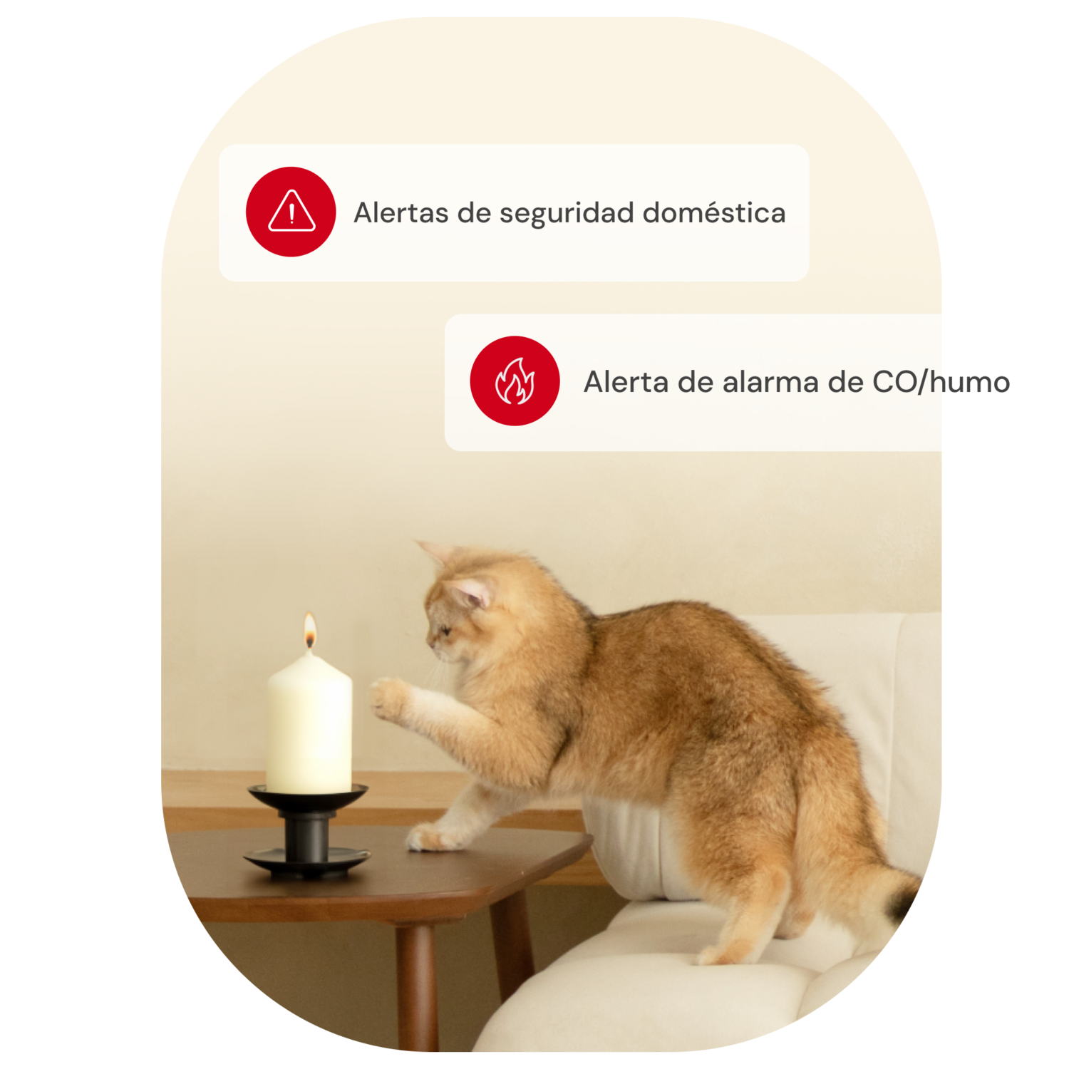Orange cat reaching toward lit candle on table with 'Home Security Alert' and 'Smoke Alarm Alert' notifications displayed.