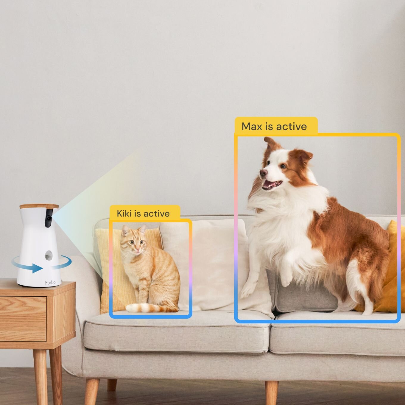 Furbo Nanny Pet ID identifies Buddy the dog jumping off the couch and Max the cat sitting on the other side.