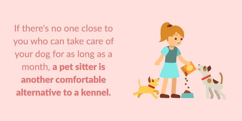 If there's no one close to you who can take care of your dog for as long as a month, a pet sitter is another comfortable alternative to a kennel. Y...