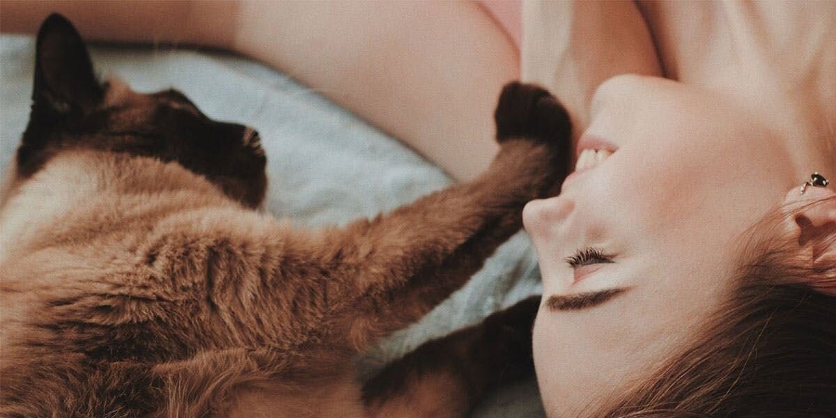  A woman and a cat lying in a bed together.