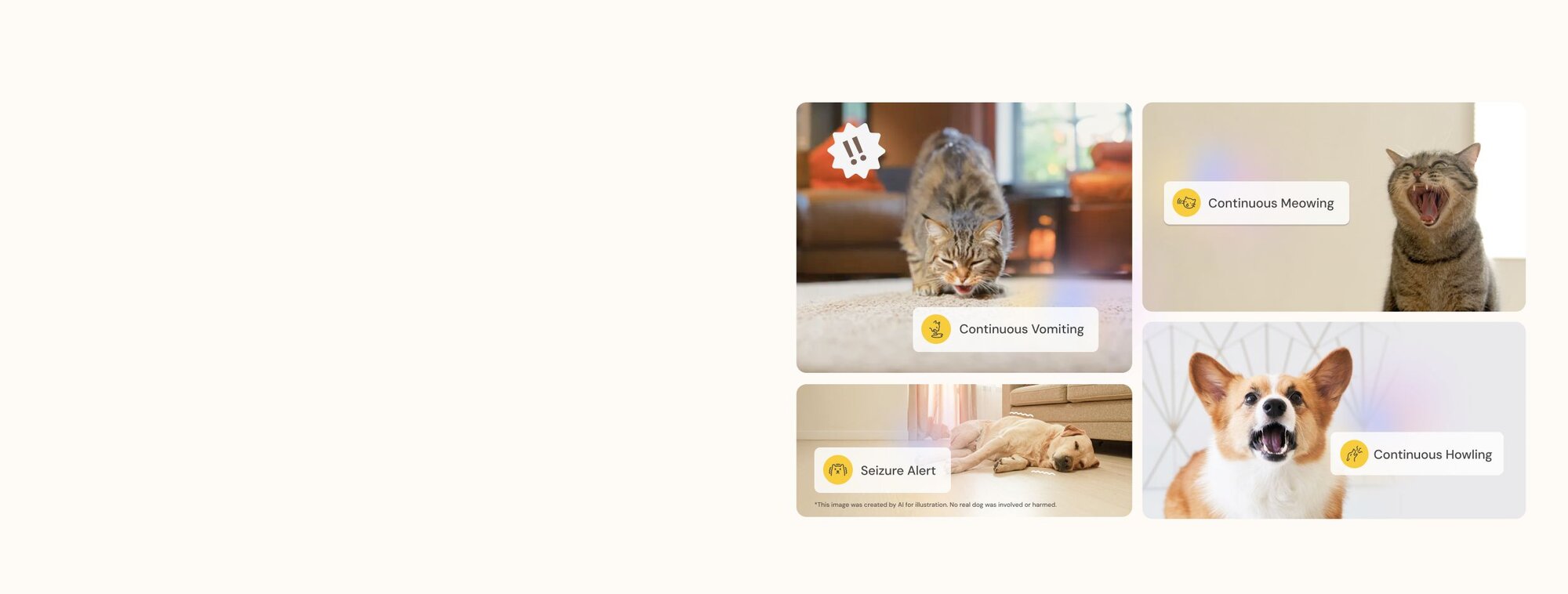 Pet alerts showing cat vomiting, meowing tabby, and howling corgi with continuous behavior notifications displayed