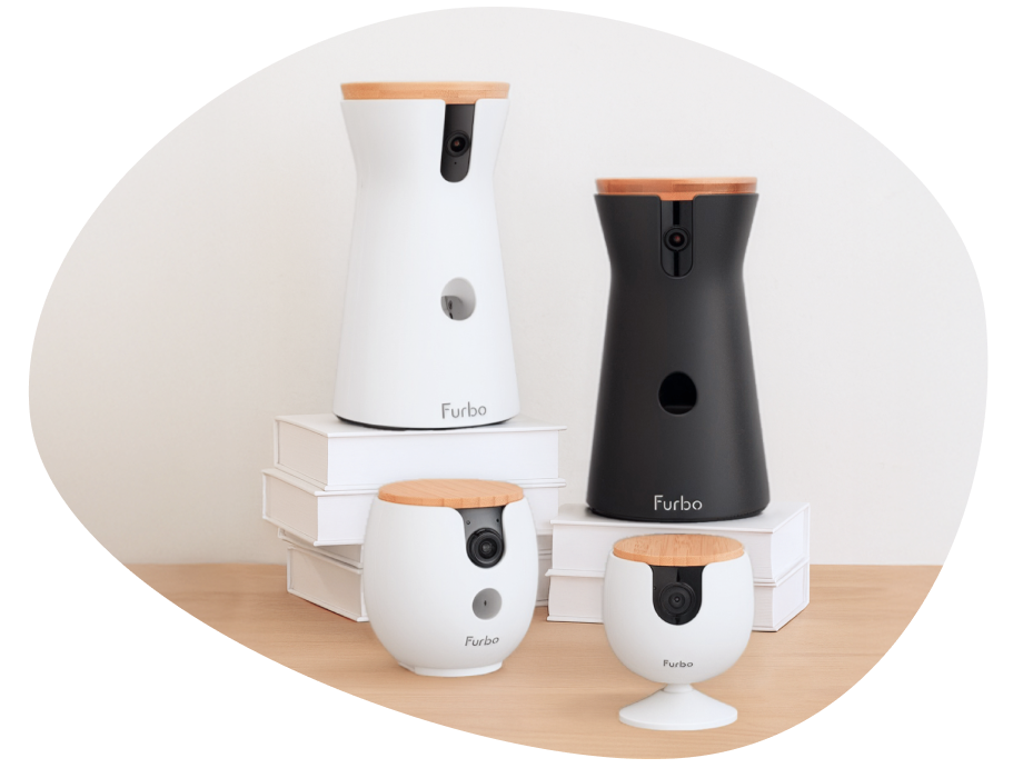 Furbo 360° Dog Camera, Cat Camera, and Mini displayed side by side on stacked books.
