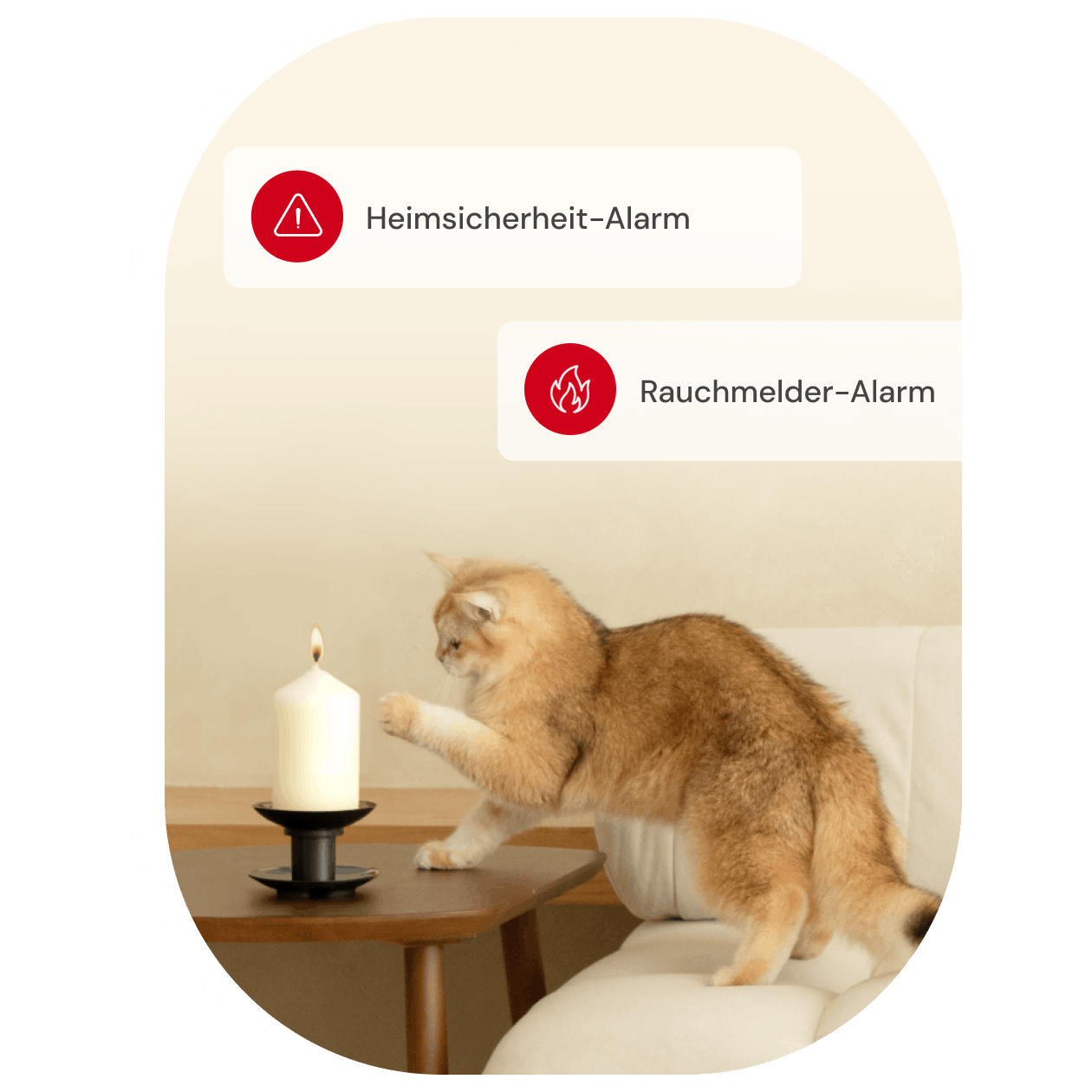 Orangefarbene Katze streckt sich nach Kerze, Heimsicherheits- und Rauchmelderalarme angezeigt.