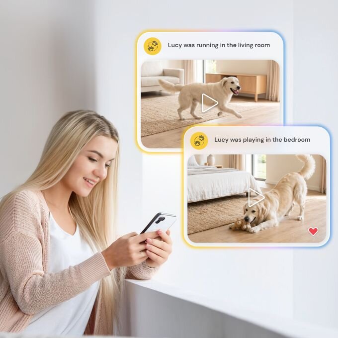 A smiling woman looks at her smartphone, which is linked to two video notifications showing a golden retriever named Lucy running in the living room and playing in the bedroom.