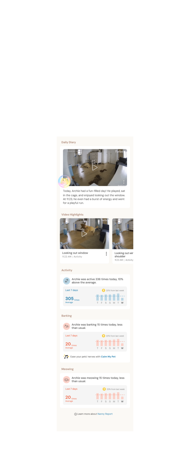 Nanny Report showing daily diary with calendar dated January 12, video highlights, and AI-generated summary of pet activities