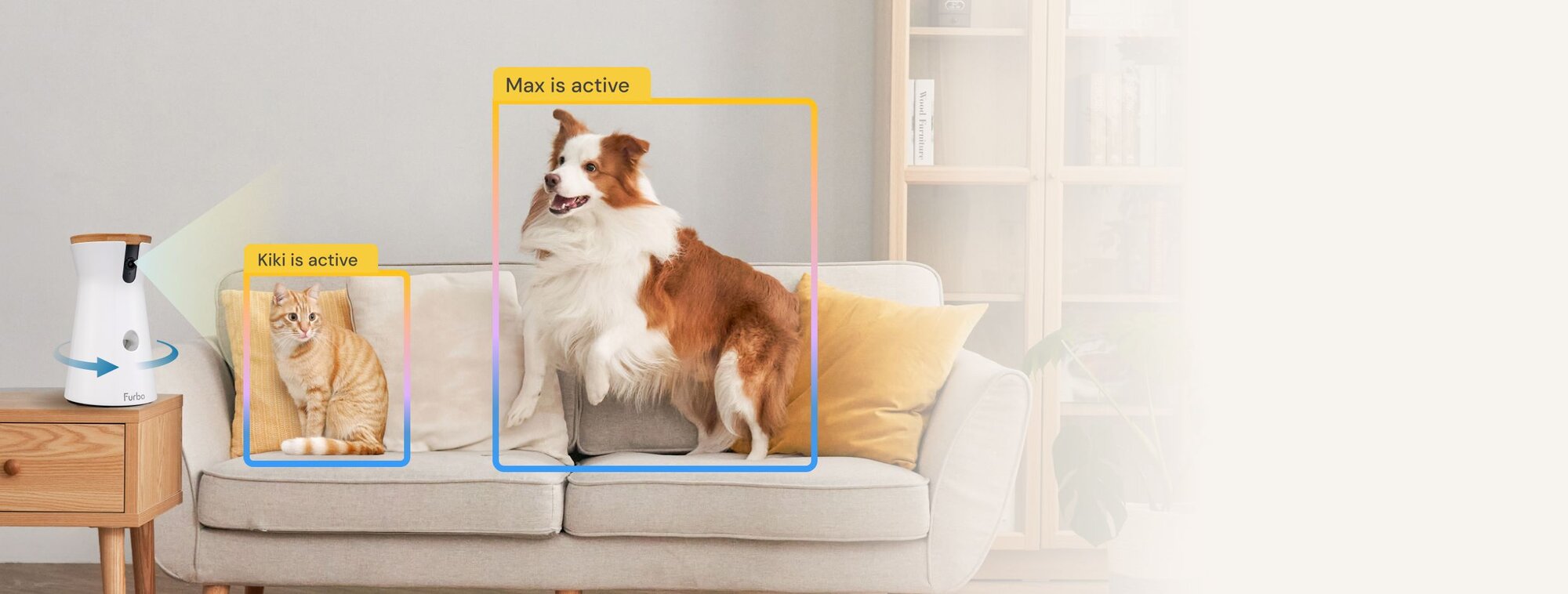 Furbo Nanny Pet ID identifies Buddy the dog jumping off the couch and Max the cat sitting on the other side.