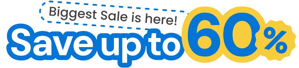 A promotional graphic featuring blue and yellow text that reads, "Biggest Sale is here! Save up to 60%." The design includes a blue dashed border around the top phrase on a white background.