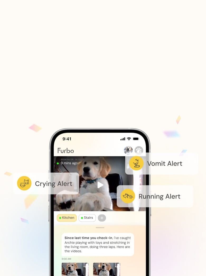 Furbo Nanny app interface showing real-time smart alerts for vomiting, crying, and running, with a video feed of a dog