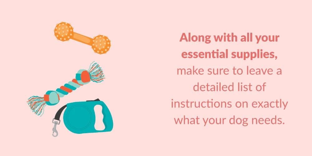 Along with all your essential supplies, make sure to leave a detailed list of instructions on exactly what your dog needs. Tell your carer how to f...